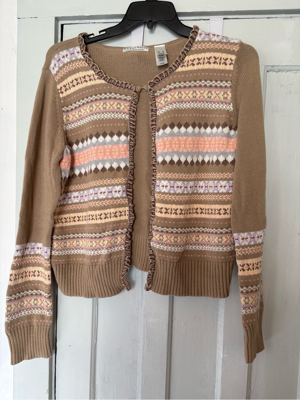 Vintage Crazy Horse Liz Claiborne Fair Isle ruffle cardigan sweater